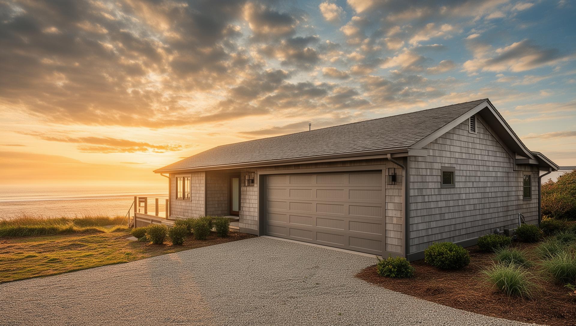 Beautiful coastal home with modern ranch style horizontal panel garage door at sunset - Garage Door Winton installation