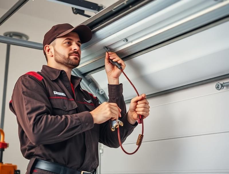 Garage Door Winton certified technician performing cable repair on residential garage door